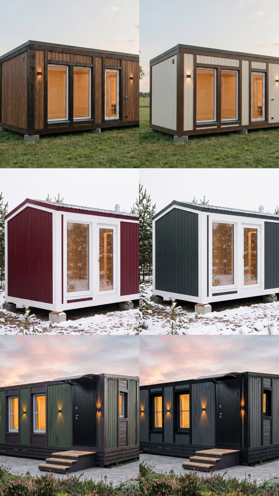 Одна модель бани в шести цветах фасада: тёмное дерево, светло-серый, бордовый, графит, зелёный и чёрный